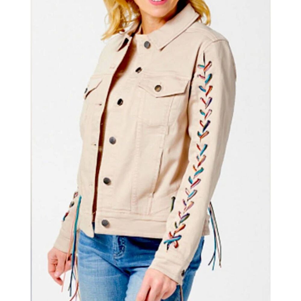 Peace Love World Cotton Beige Denim Jacket MultiColor Baseball Weave Detail SZ L - Picture 7 of 13